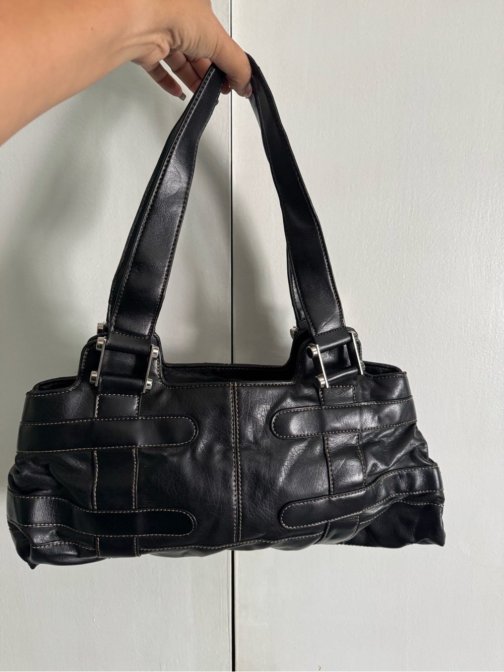 Liz Claiborne Black Leather Shoulder Bag with Silver Hardware